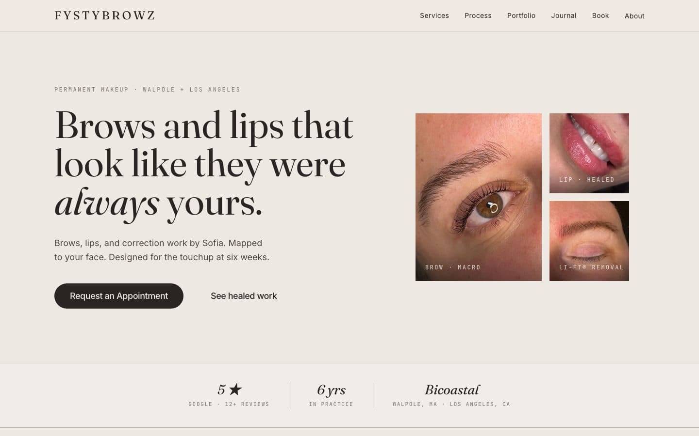 The FystyBrowz website — a permanent-makeup studio site built by Larch 9, showing the booking-first homepage and healed-work gallery.